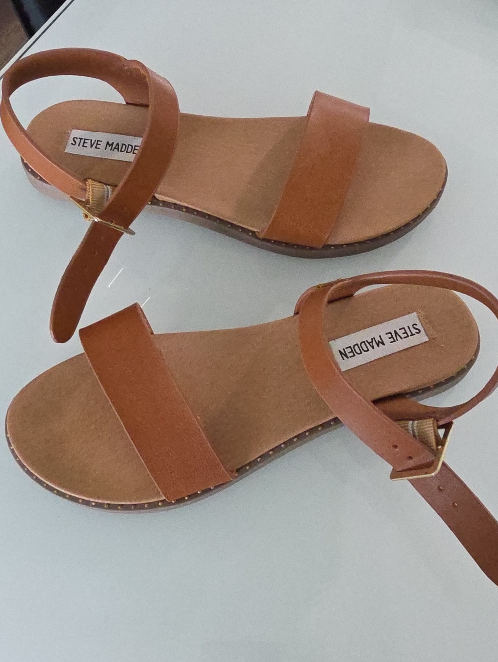 Steve Madden Tan Leather Double-Strap Ankle Sandals